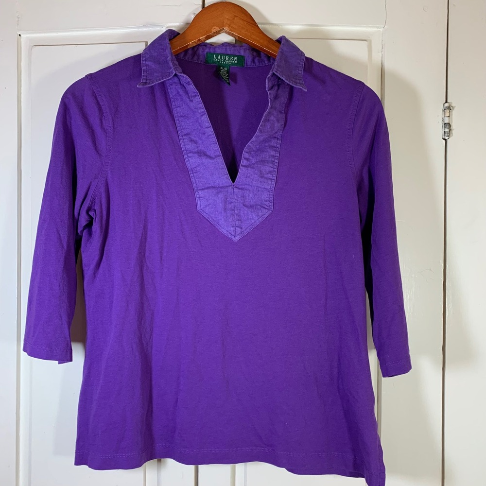 Lauren Ralph Lauren LRL Petite Purple Cotton VNeck Tunic 3/4 Sleeve Top L Preppy